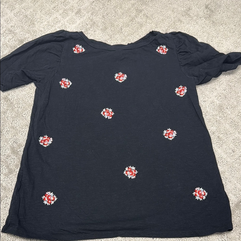 LOFT black Blouse with Blue and Pink flower Embellished Details